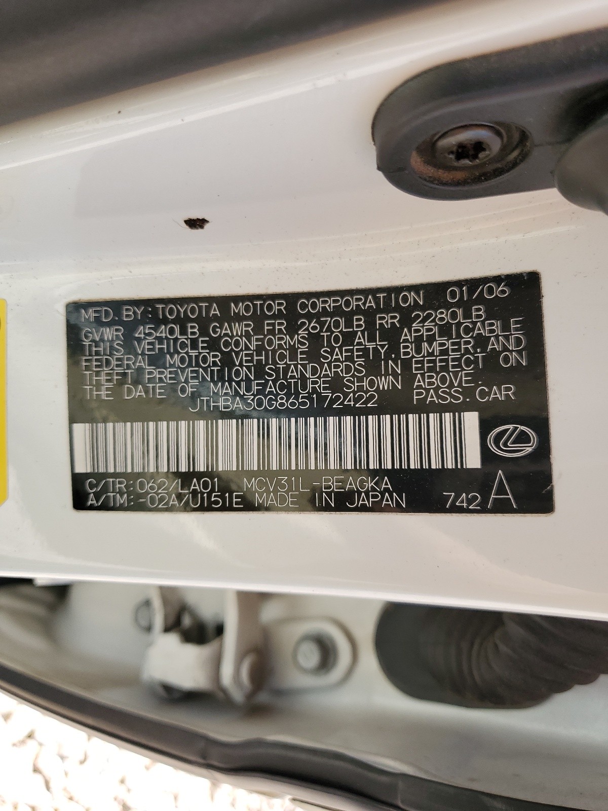 JTHBA30G865172422 2006 Lexus Es 330