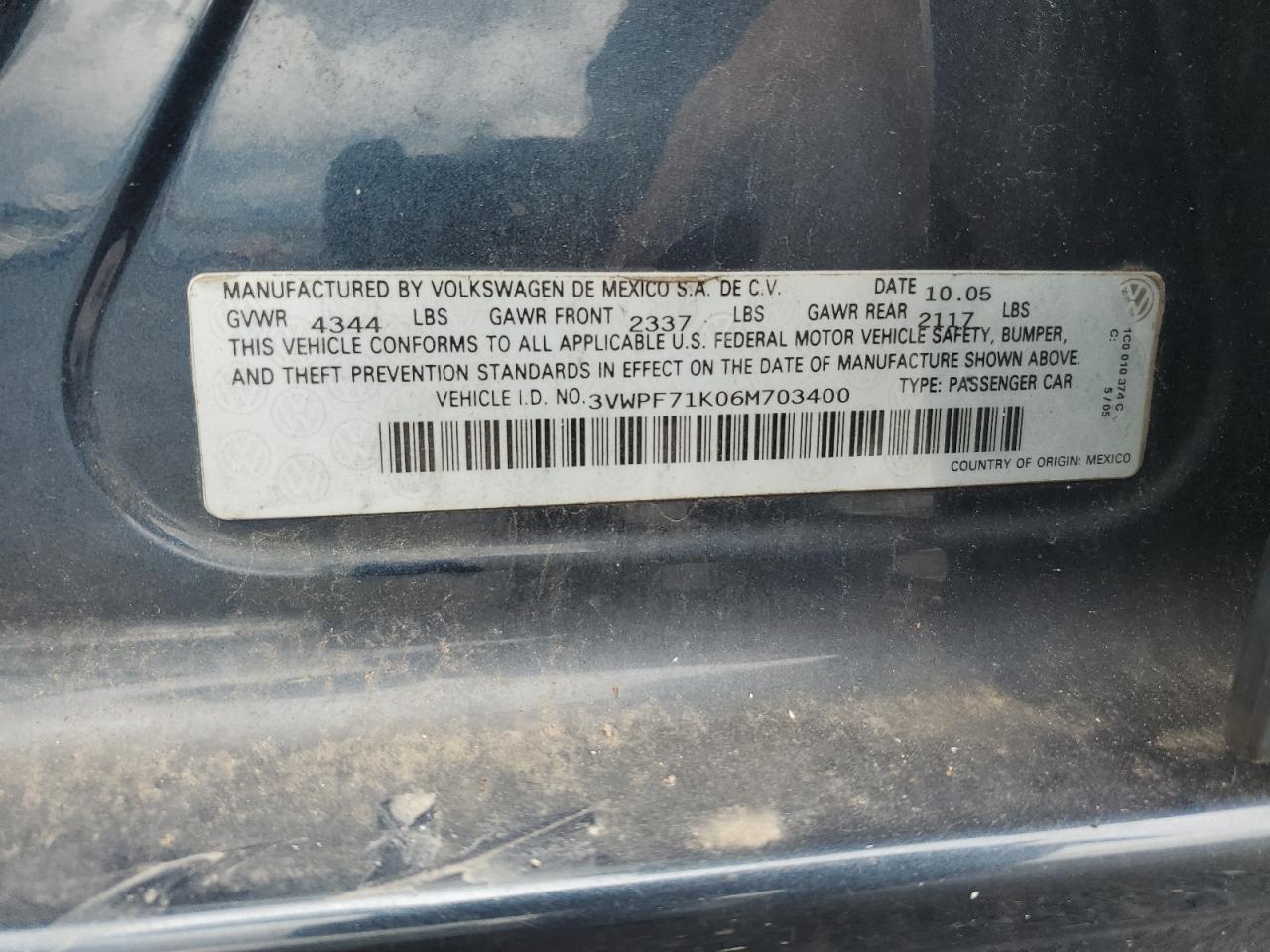 2006 Volkswagen Jetta Value VIN: 3VWPF71K06M703400 Lot: 59781255