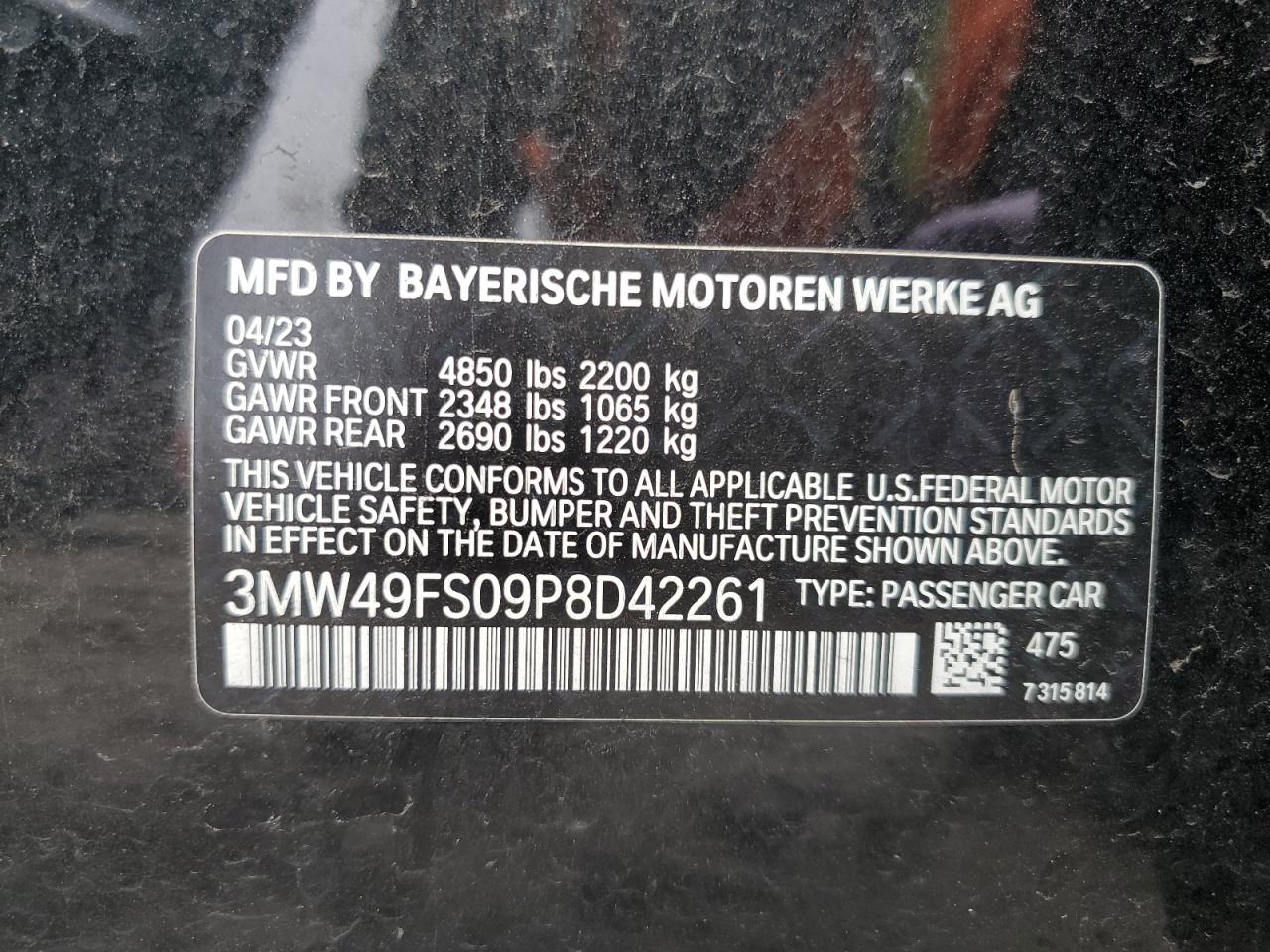 3MW49FS09P8D42261 2023 BMW M340I