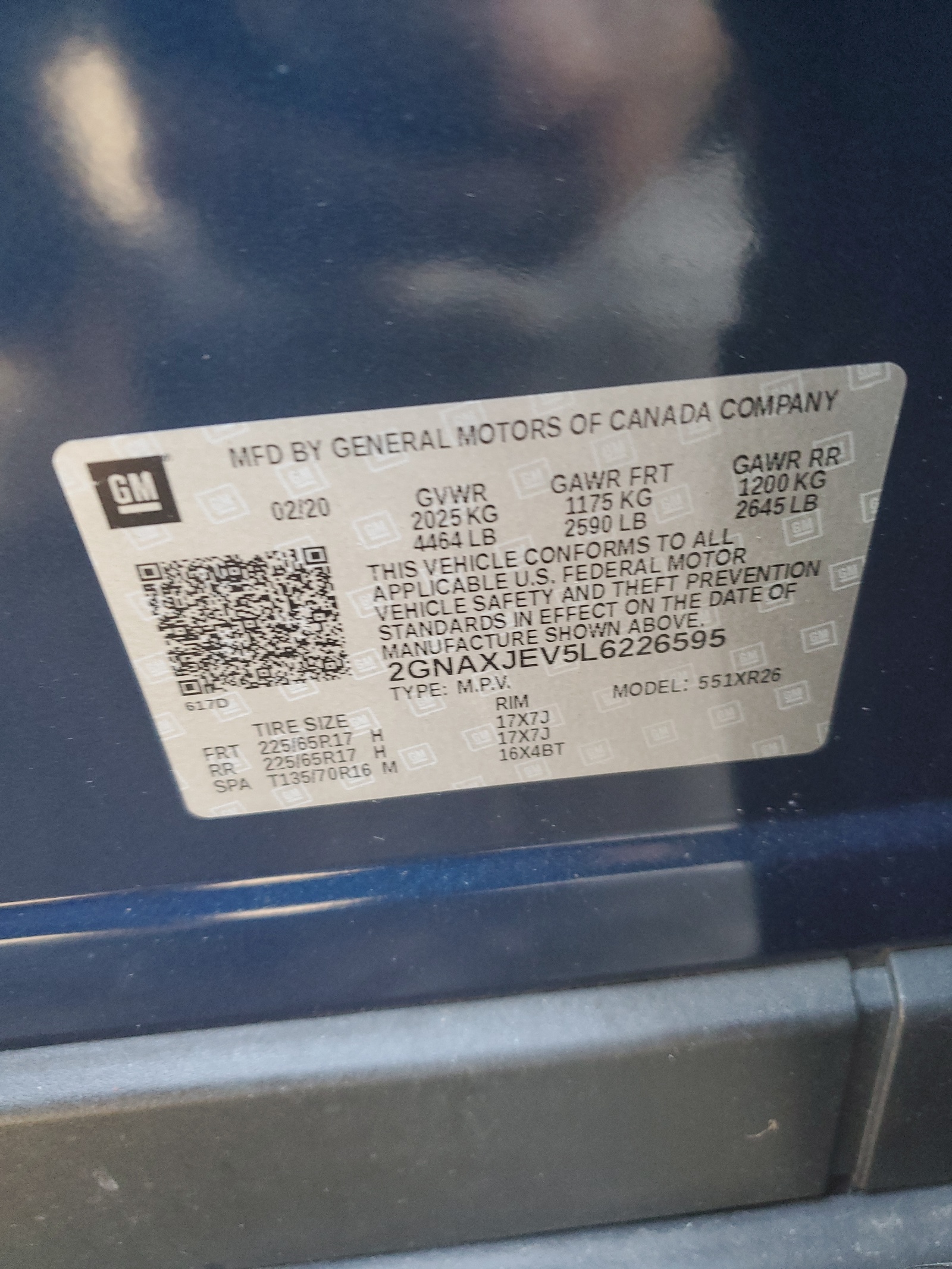 2GNAXJEV5L6226595 2020 Chevrolet Equinox Lt