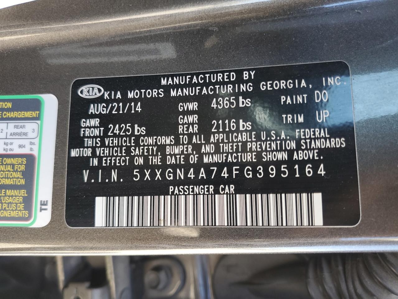 2015 Kia Optima Ex VIN: 5XXGN4A74FG395164 Lot: 50844364