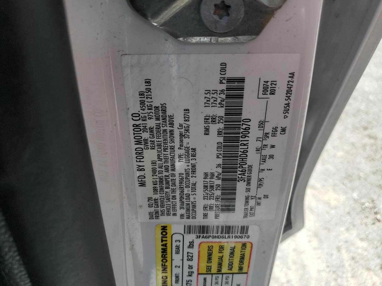 2020 Ford Fusion Se VIN: 3FA6P0HD6LR190670 Lot: 50033864