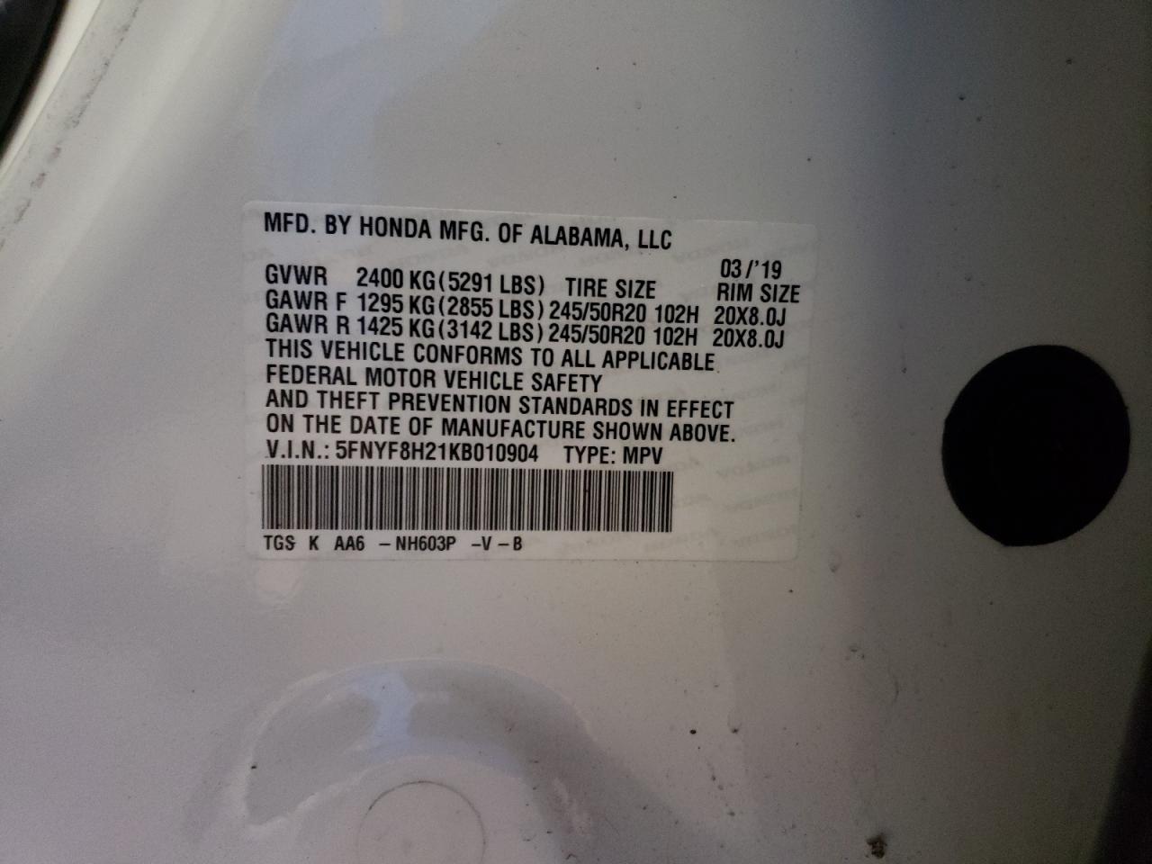 2019 Honda Passport Sport VIN: 5FNYF8H21KB010904 Lot: 49484274