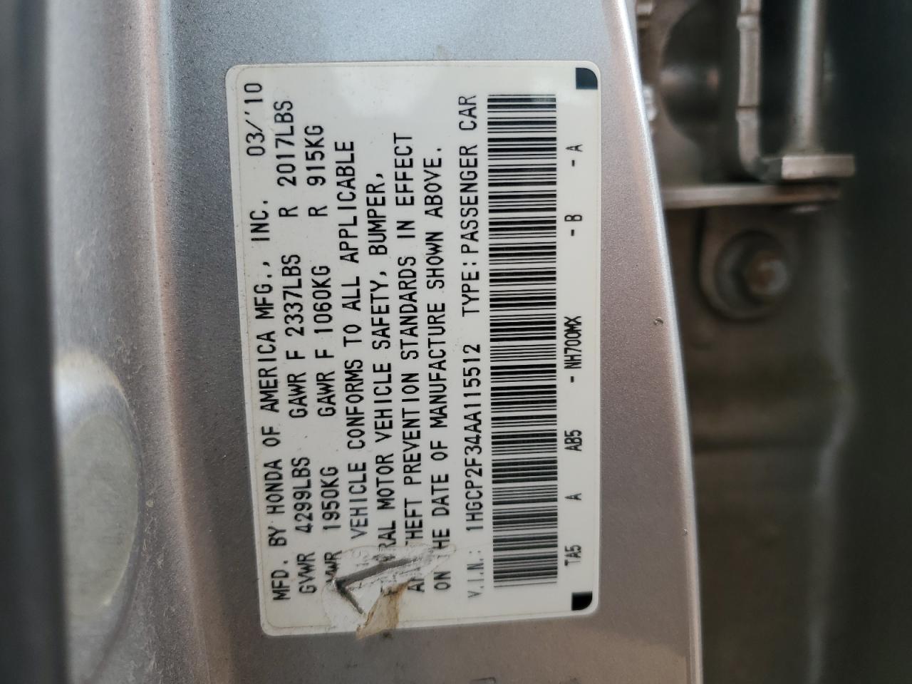 2010 Honda Accord Lx VIN: 1HGCP2F34AA115512 Lot: 51484994