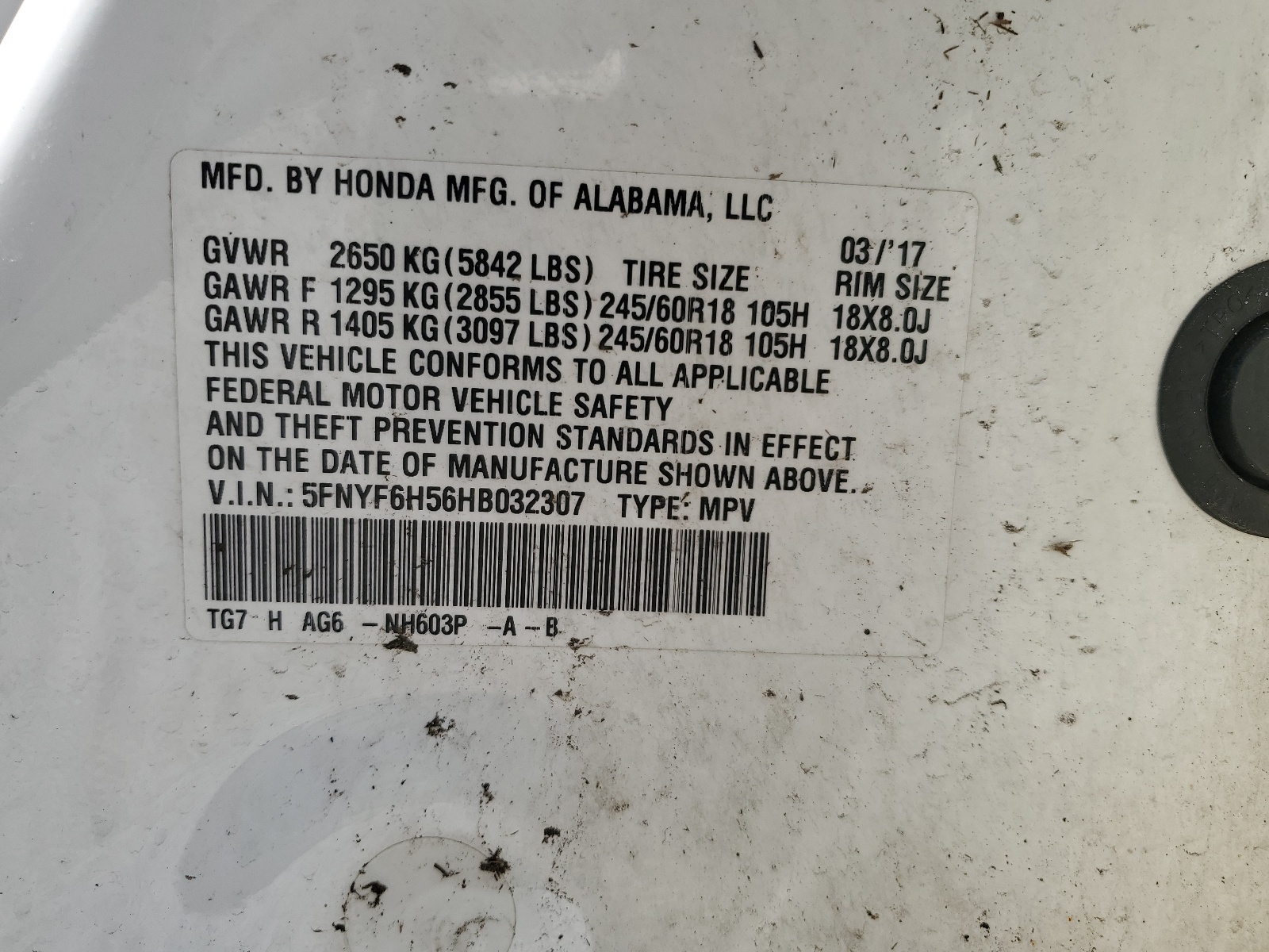 5FNYF6H56HB032307 2017 Honda Pilot Exl