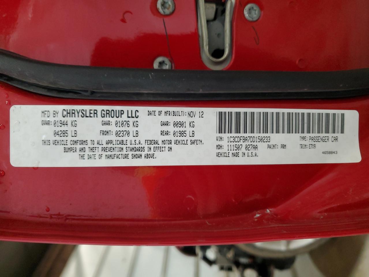 2013 Dodge Dart Sxt VIN: 1C3CDFBA7DD150233 Lot: 49201074