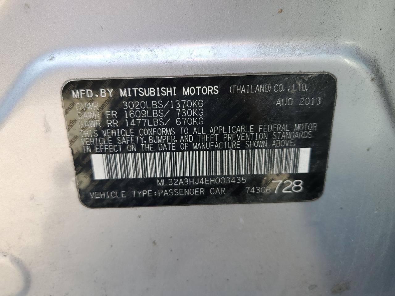 2014 Mitsubishi Mirage De VIN: ML32A3HJ4EH003435 Lot: 51068634