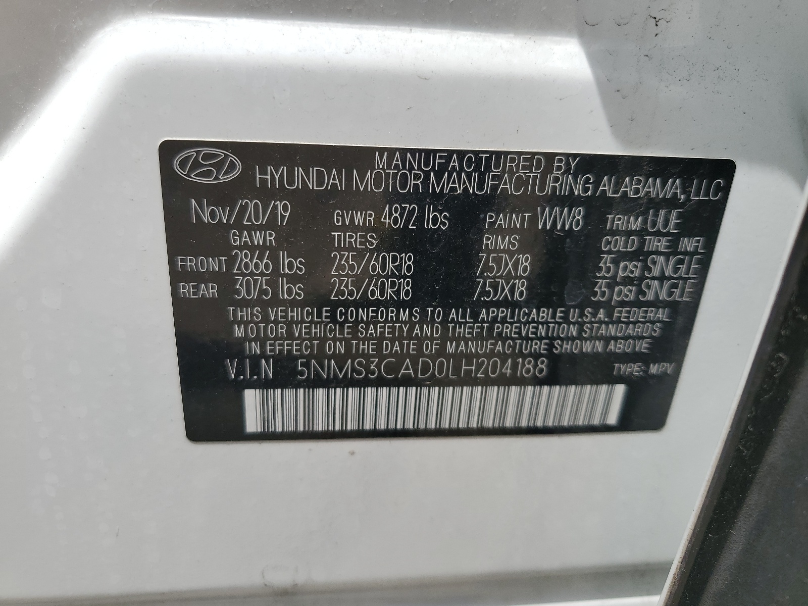 5NMS3CAD0LH204188 2020 Hyundai Santa Fe Sel