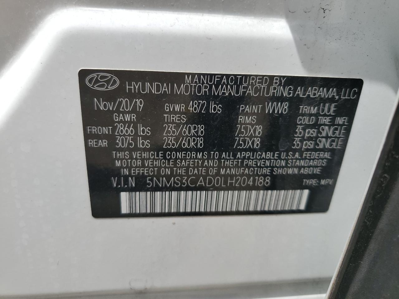 2020 Hyundai Santa Fe Sel VIN: 5NMS3CAD0LH204188 Lot: 50490344