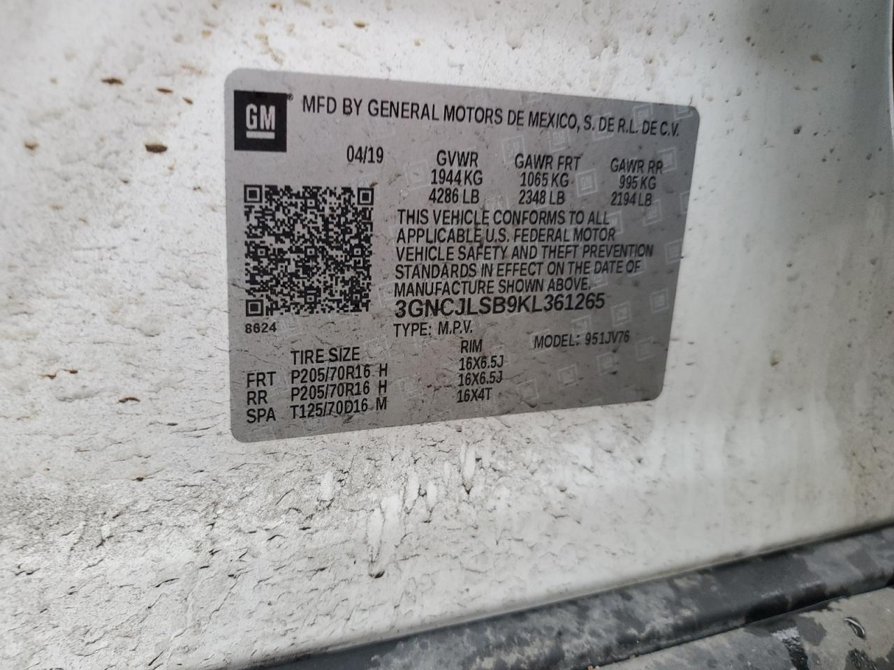 2019 Chevrolet Trax 1Lt VIN: 3GNCJLSB9KL361265 Lot: 51257944