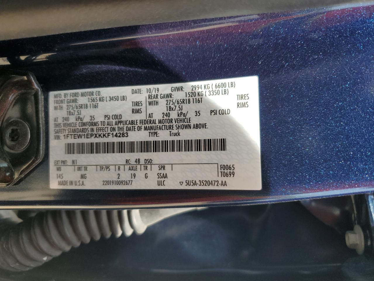 2019 Ford F150 Supercrew VIN: 1FTEW1EPXKKF14283 Lot: 51265354