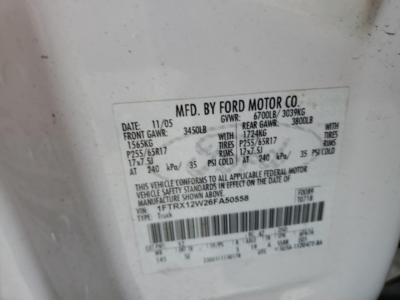 2006 Ford F150 VIN: 1FTRX12W26FA50558 Lot: 52624384