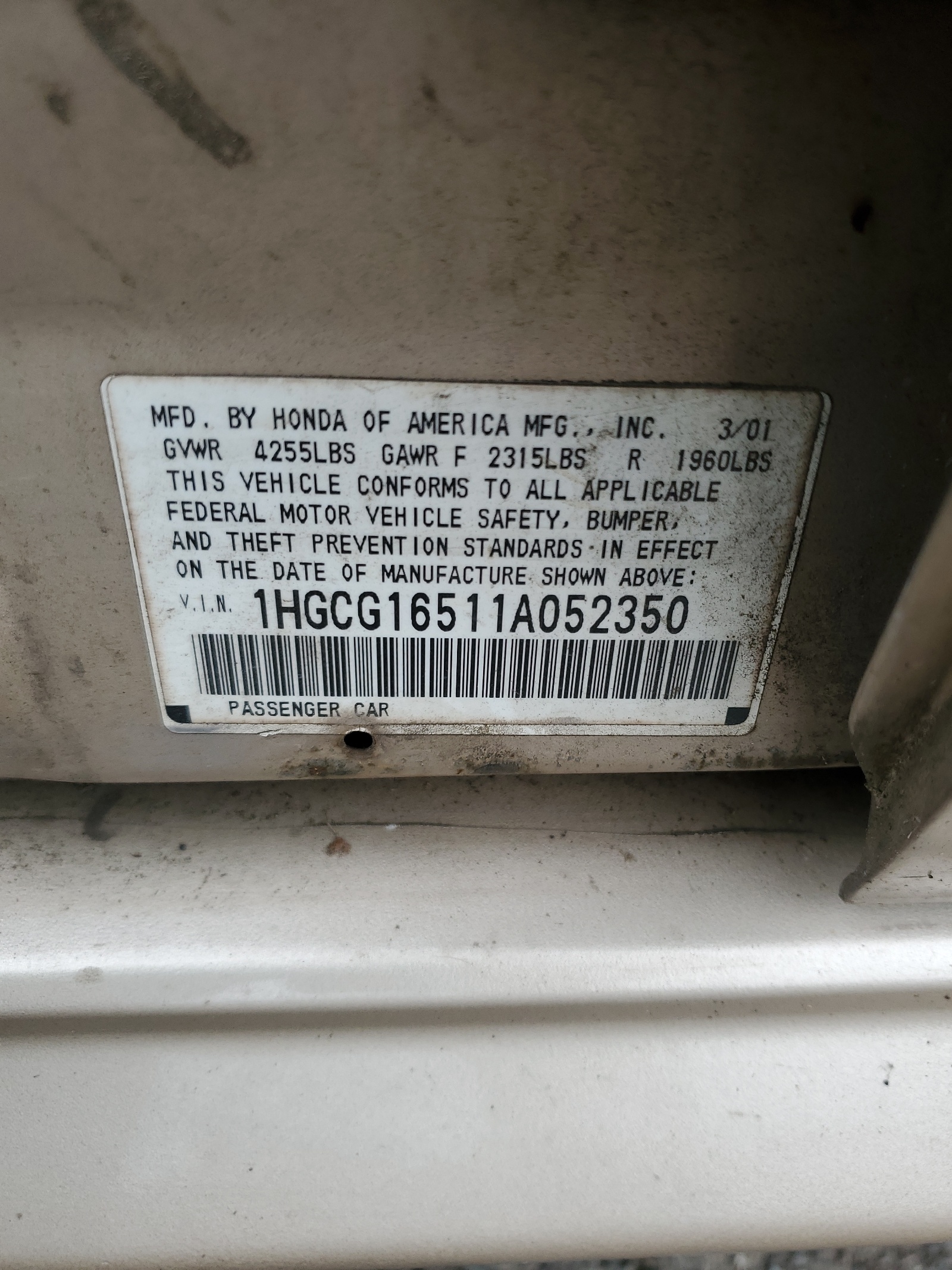 1HGCG16511A052350 2001 Honda Accord Ex