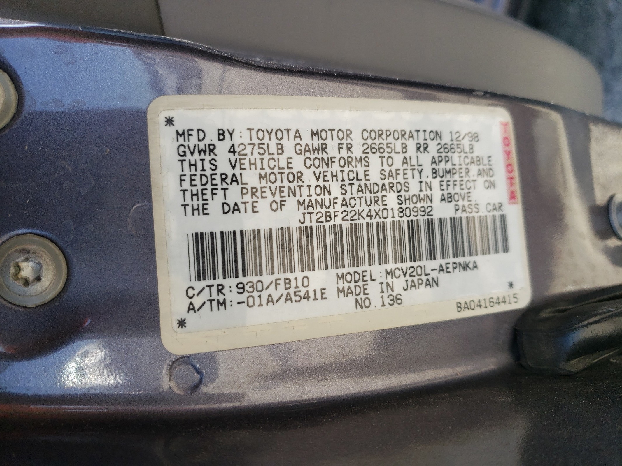 JT2BF22K4X0180992 1999 Toyota Camry Le