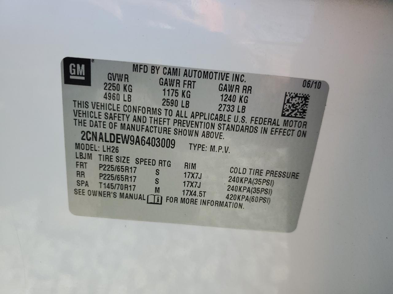 2CNALDEW9A6403009 2010 Chevrolet Equinox Lt