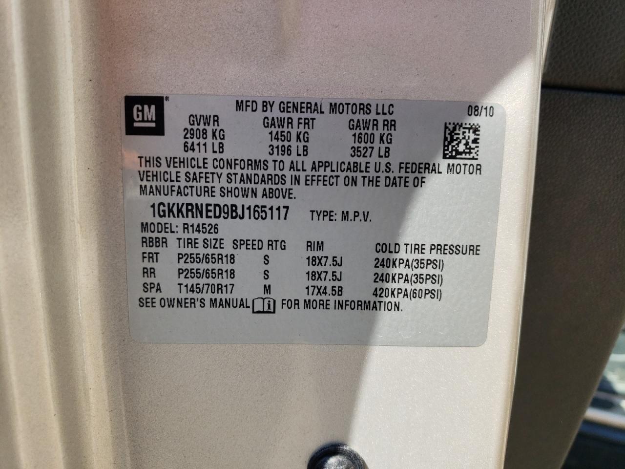 2011 GMC Acadia Sle VIN: 1GKKRNED9BJ165117 Lot: 53190944