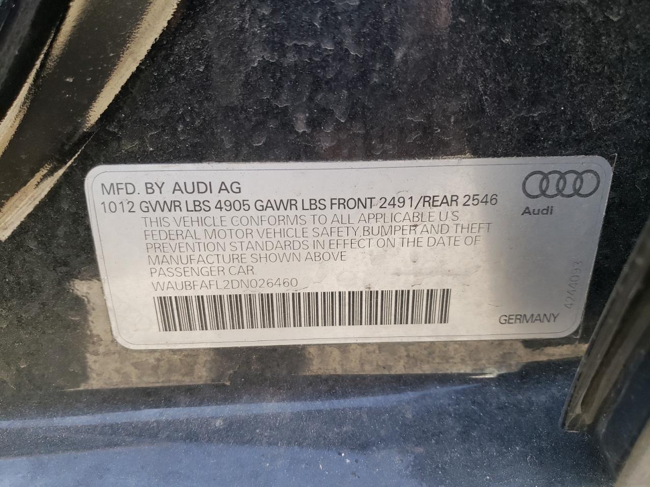 2013 Audi A4 Premium VIN: WAUBFAFL2DN026460 Lot: 49903434