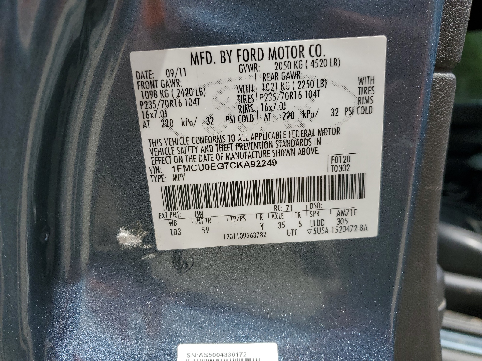 1FMCU0EG7CKA92249 2012 Ford Escape Limited