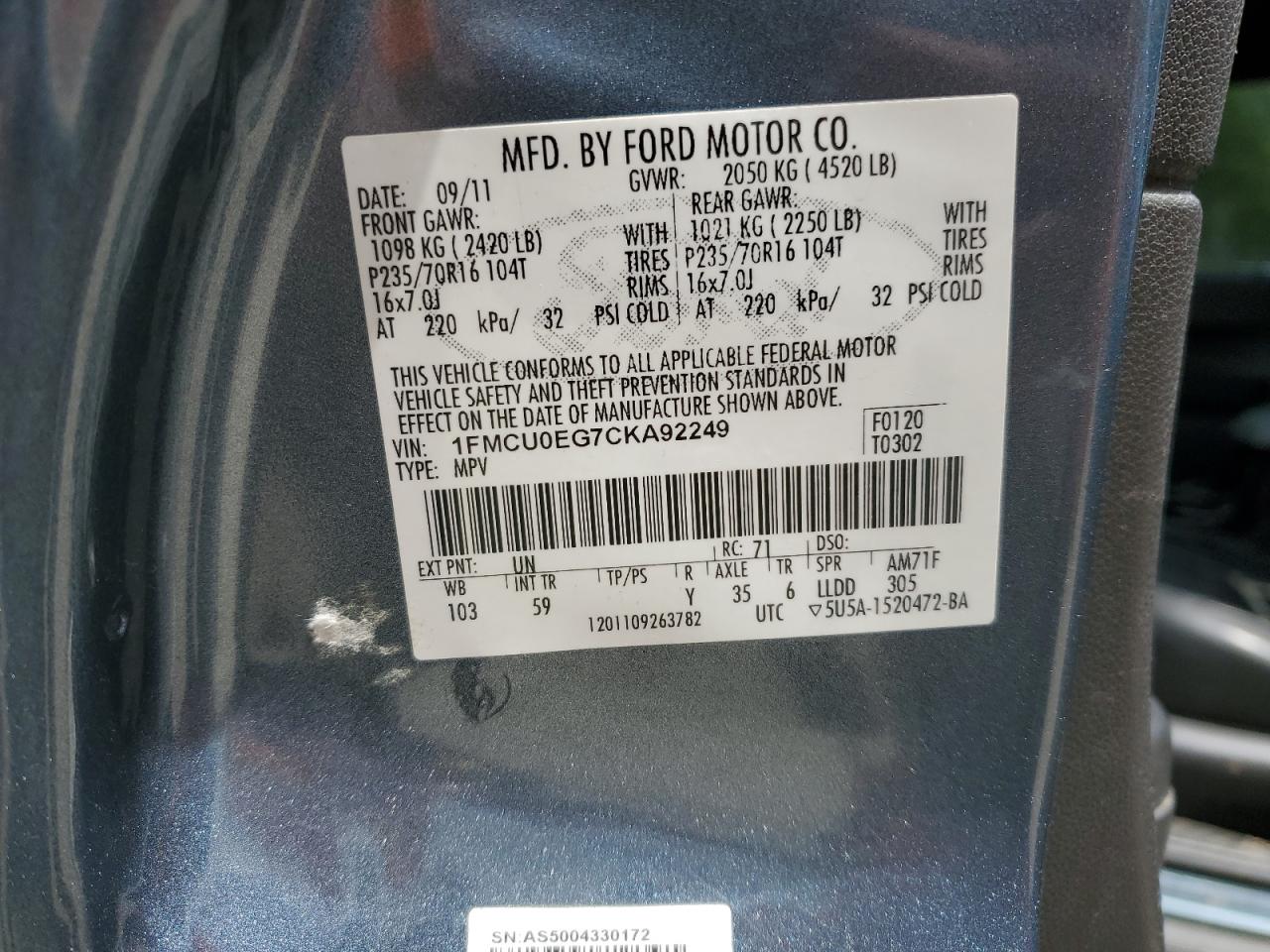 2012 Ford Escape Limited VIN: 1FMCU0EG7CKA92249 Lot: 51986354