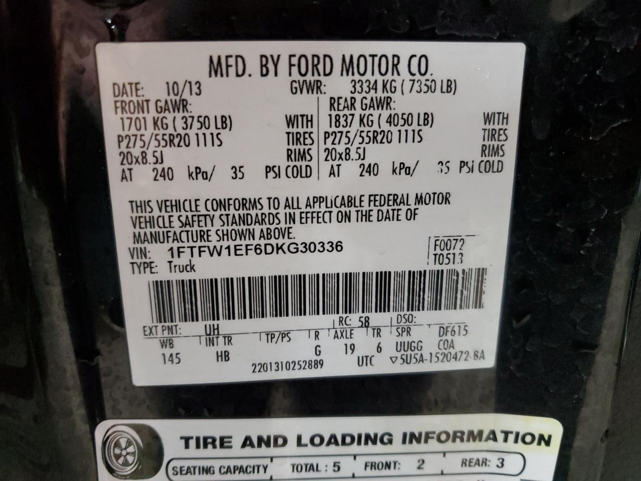 1FTFW1EF6DKG30336 2013 Ford F150 Supercrew