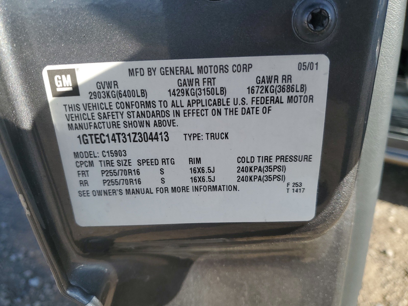 1GTEC14T31Z304413 2001 GMC New Sierra C1500