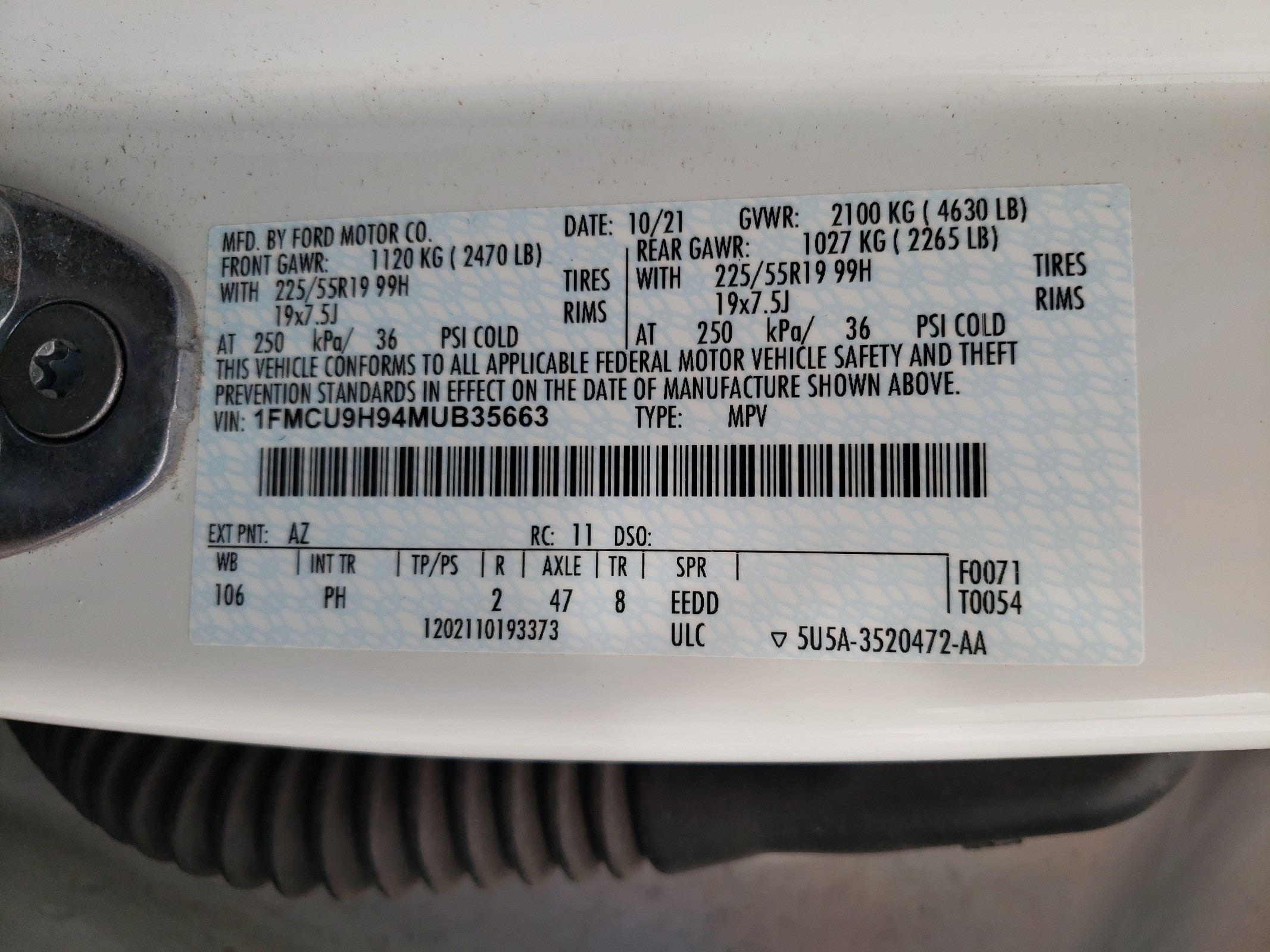 1FMCU9H94MUB35663 2021 Ford Escape Sel