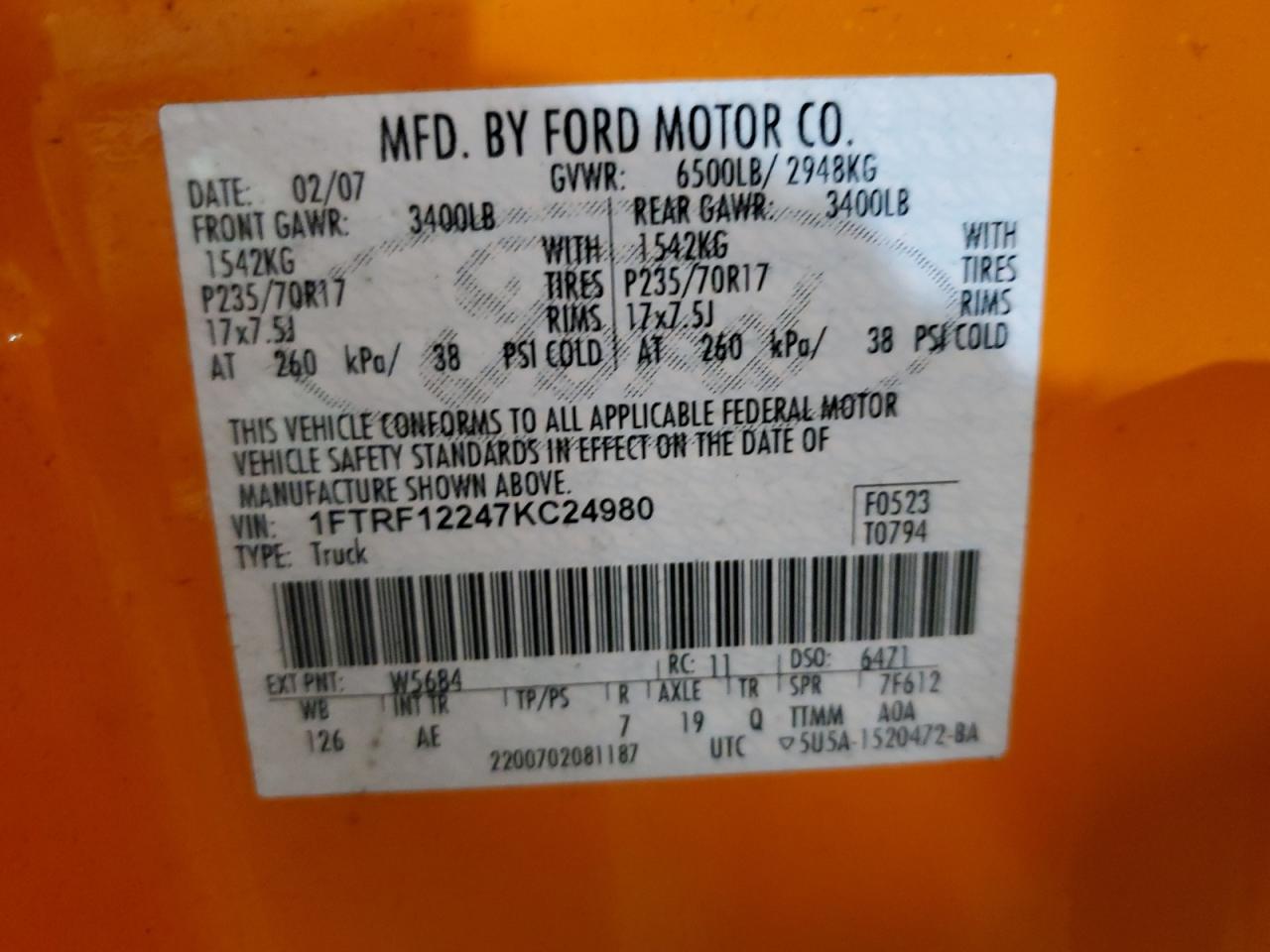 2007 Ford F150 VIN: 1FTRF12247KC24980 Lot: 64588694