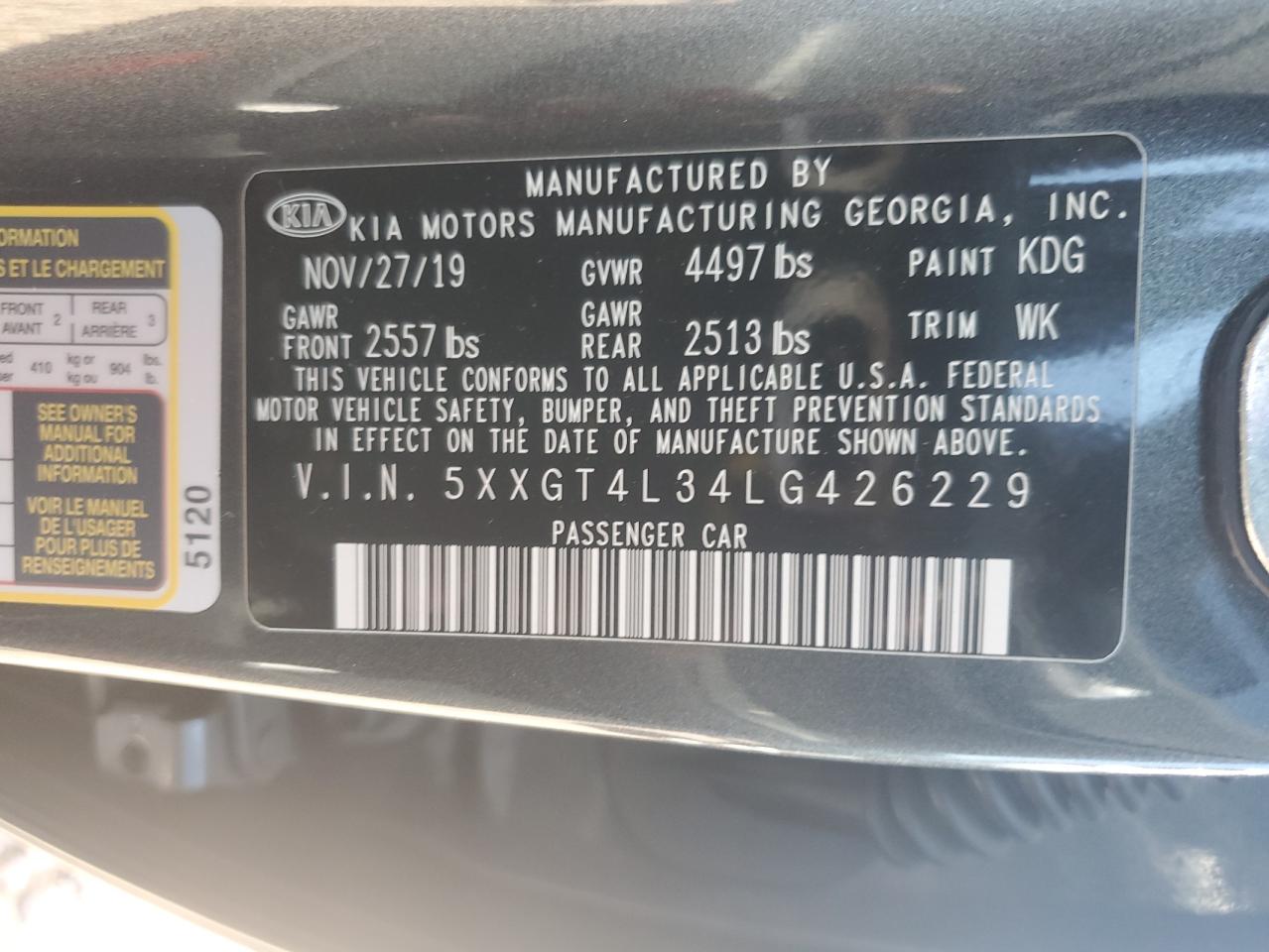 5XXGT4L34LG426229 2020 Kia Optima Lx