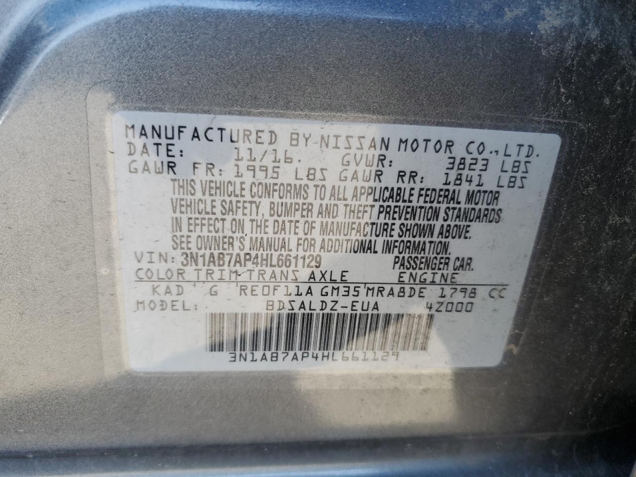 3N1AB7AP4HL661129 2017 Nissan Sentra S