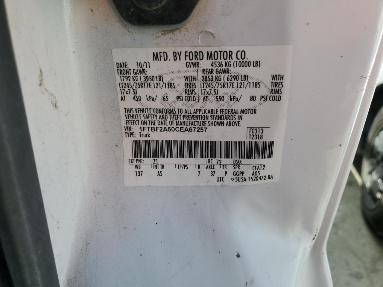 2012 Ford F250 Super Duty VIN: 1FTBF2A60CEA67257 Lot: 49192104