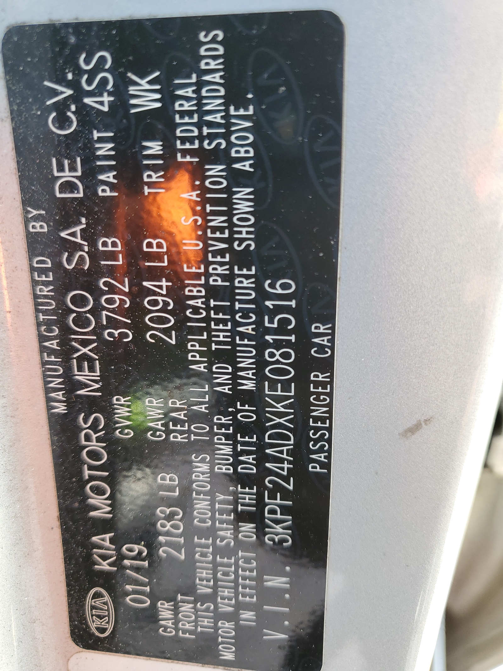 3KPF24ADXKE081516 2019 Kia Forte Fe