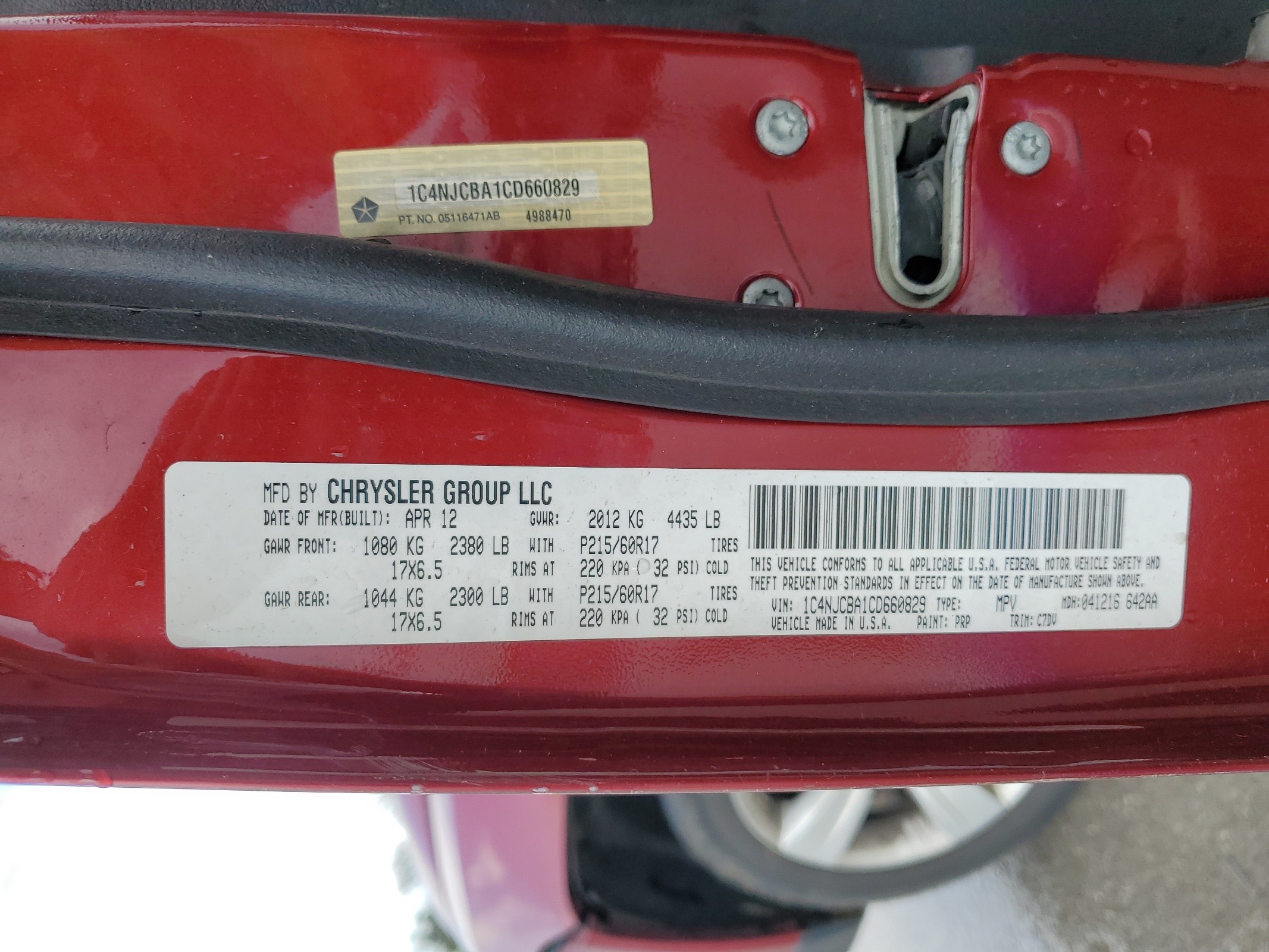 1C4NJCBA1CD660829 2012 Jeep Compass Sport