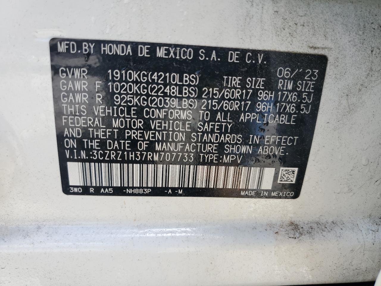 3CZRZ1H37RM707733 2024 Honda Hr-V Lx