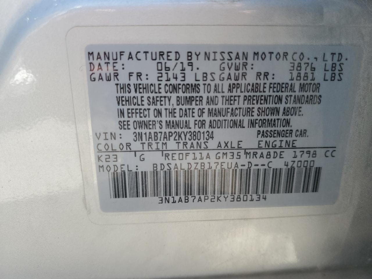 3N1AB7AP2KY380134 2019 Nissan Sentra S