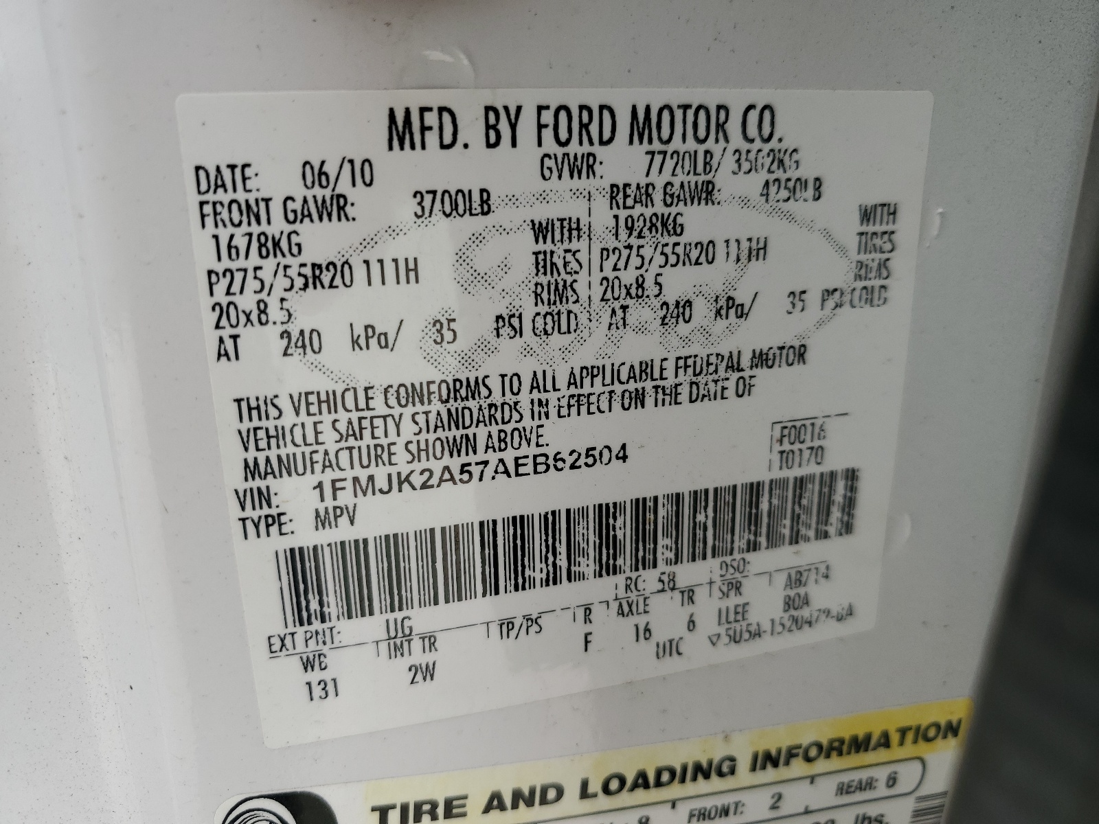 1FMJK2A57AEB62504 2010 Ford Expedition El Limited