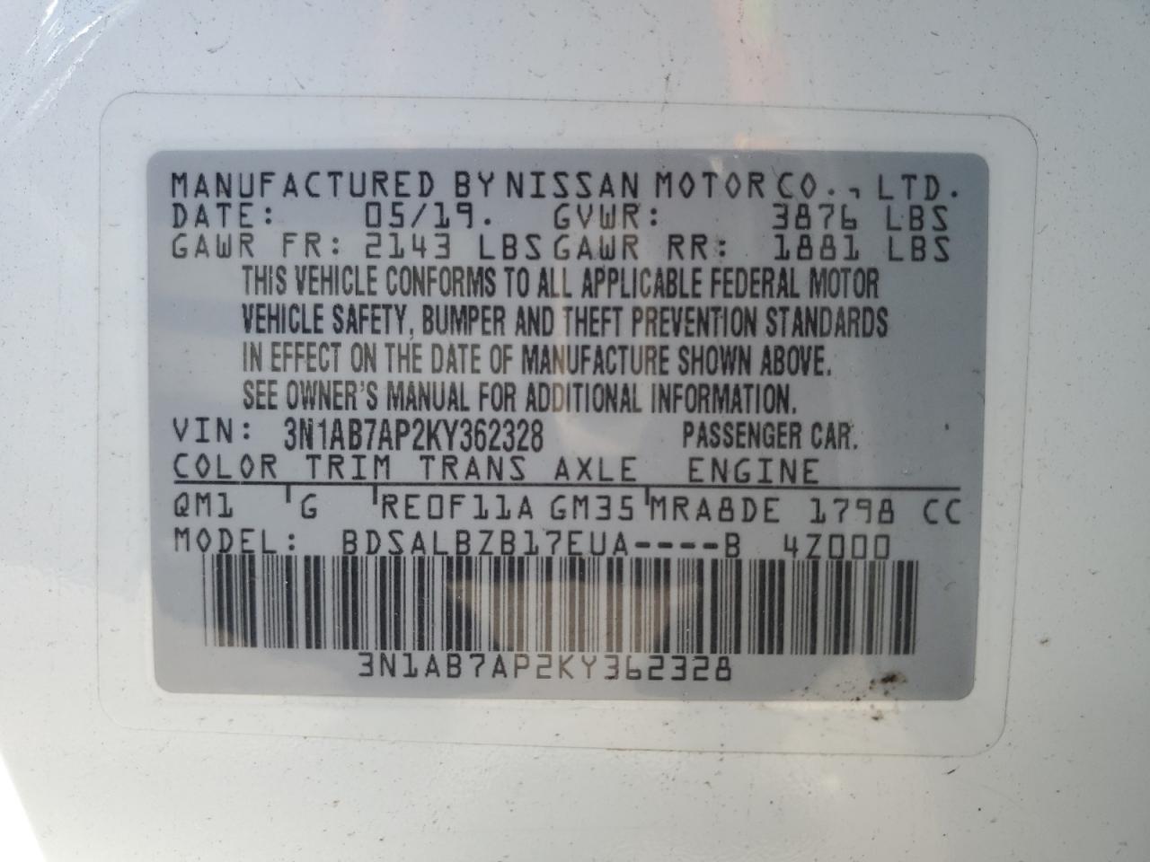 2019 Nissan Sentra S VIN: 3N1AB7AP2KY362328 Lot: 51610474