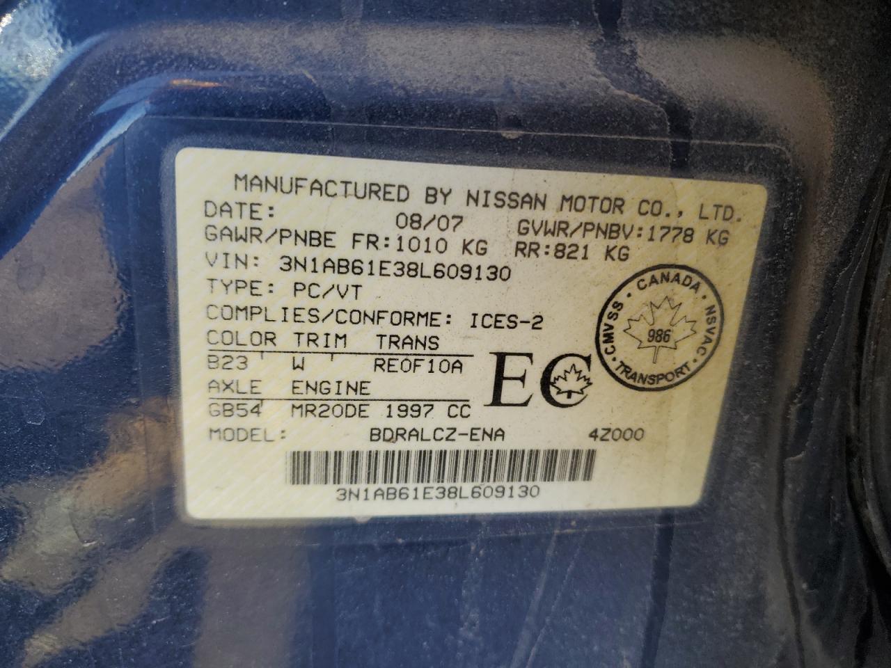 2008 Nissan Sentra 2.0 VIN: 3N1AB61E38L609130 Lot: 48440634