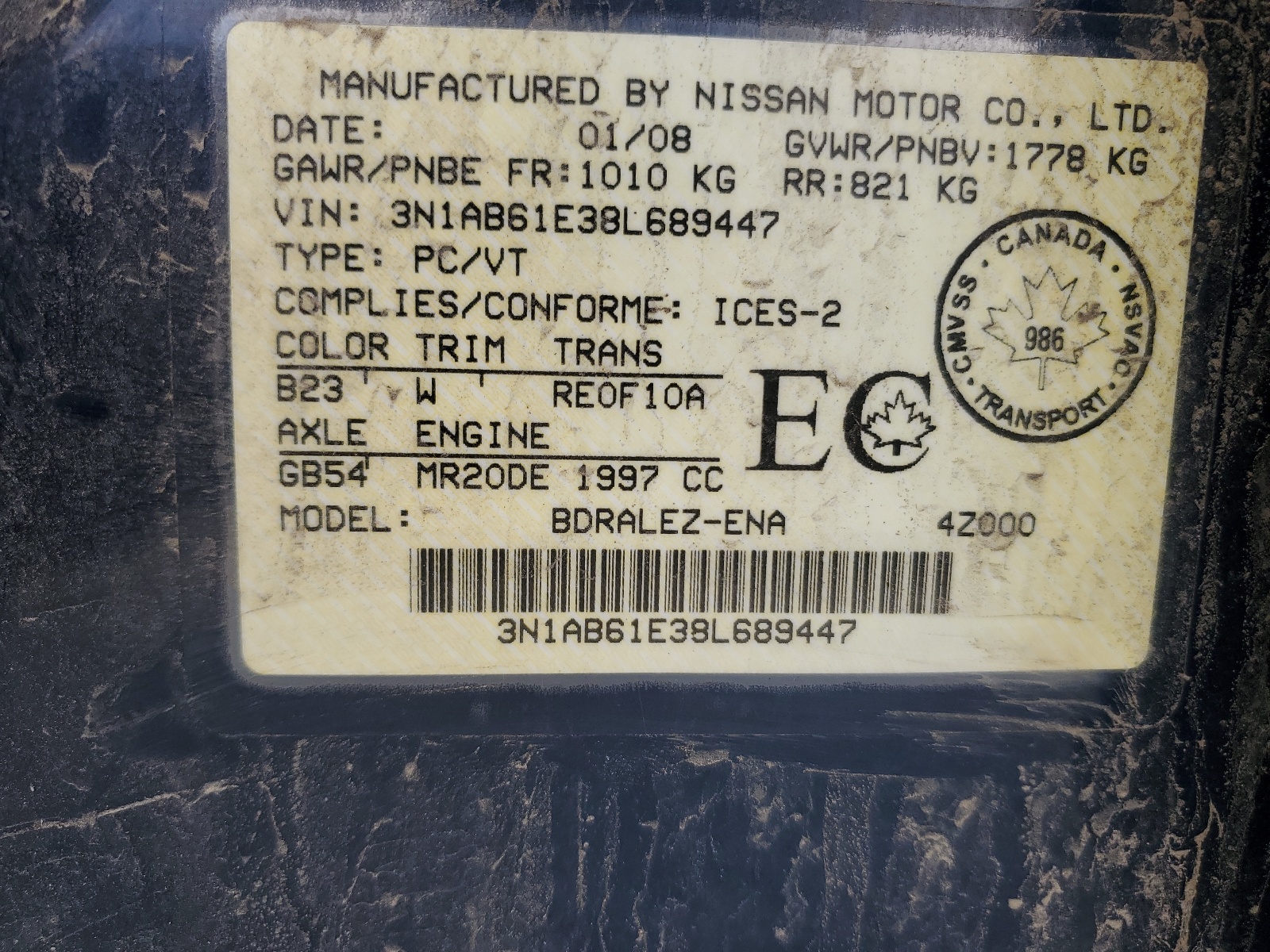3N1AB61E38L689447 2008 Nissan Sentra 2.0