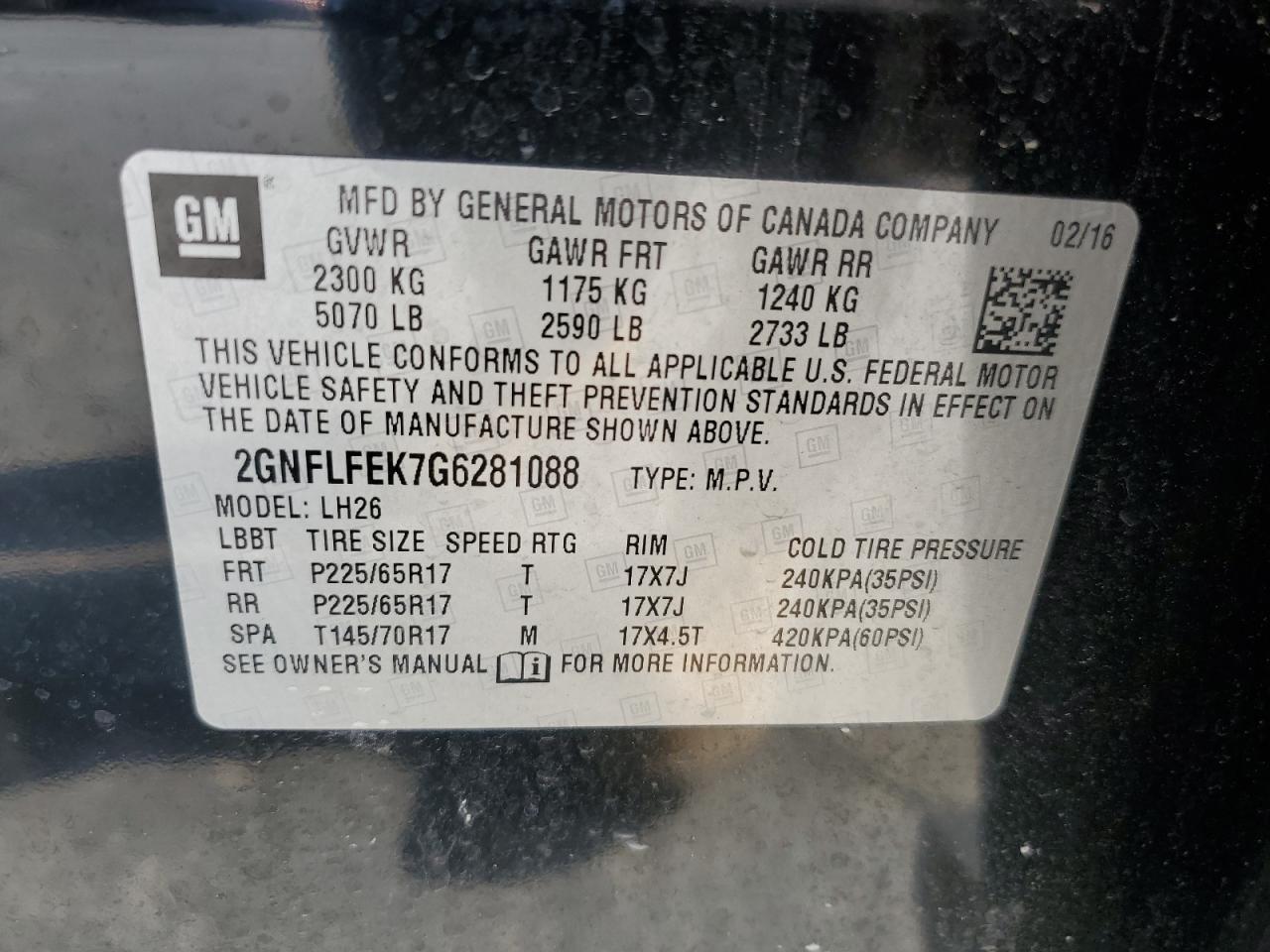 2GNFLFEK7G6281088 2016 Chevrolet Equinox Lt