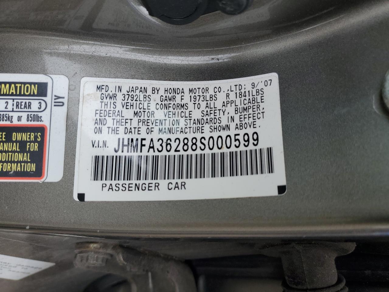 2008 Honda Civic Hybrid VIN: JHMFA36288S000599 Lot: 49335264