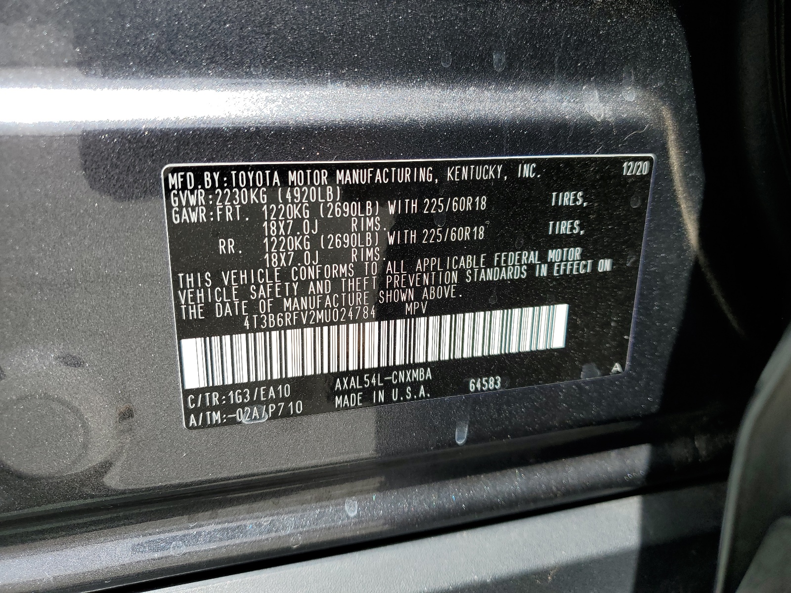 4T3B6RFV2MU024784 2021 Toyota Rav4 Xle Premium