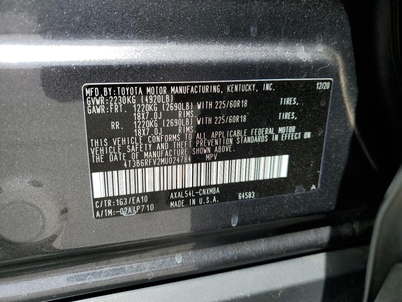 2021 Toyota Rav4 Xle Premium VIN: 4T3B6RFV2MU024784 Lot: 50898014