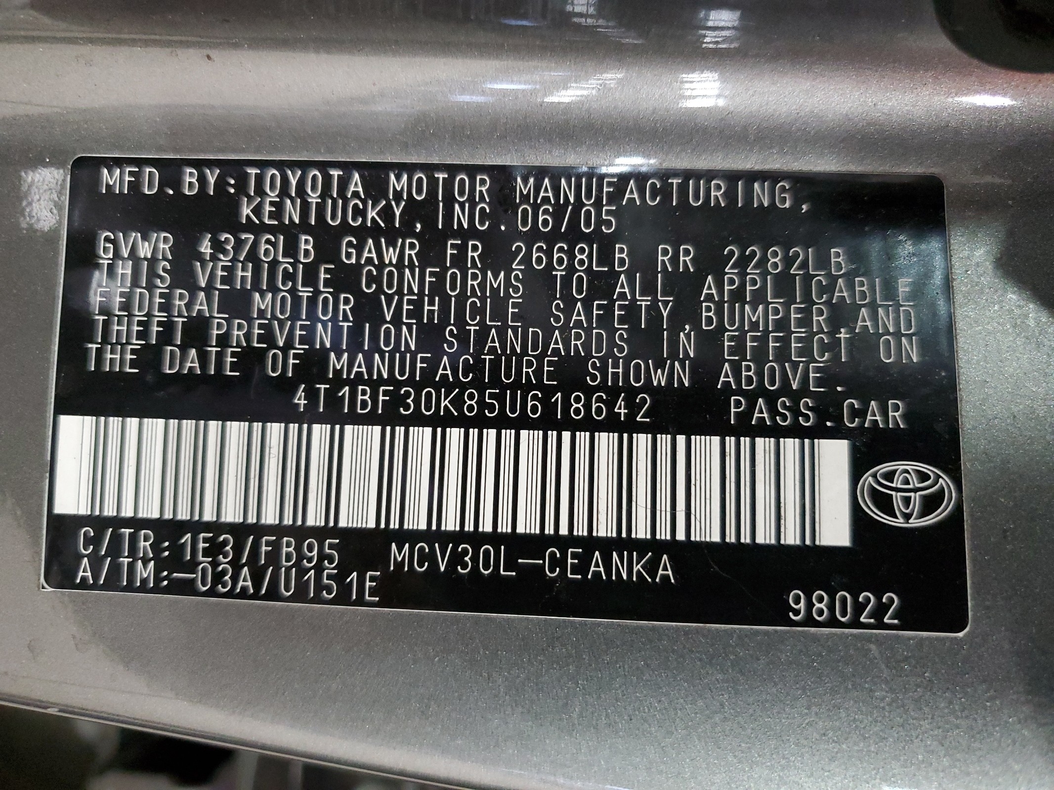 4T1BF30K85U618642 2005 Toyota Camry Le