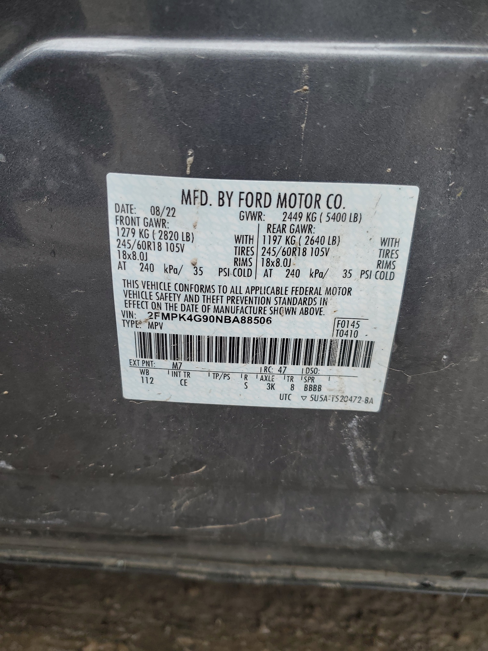 2FMPK4G90NBA88506 2022 Ford Edge Se