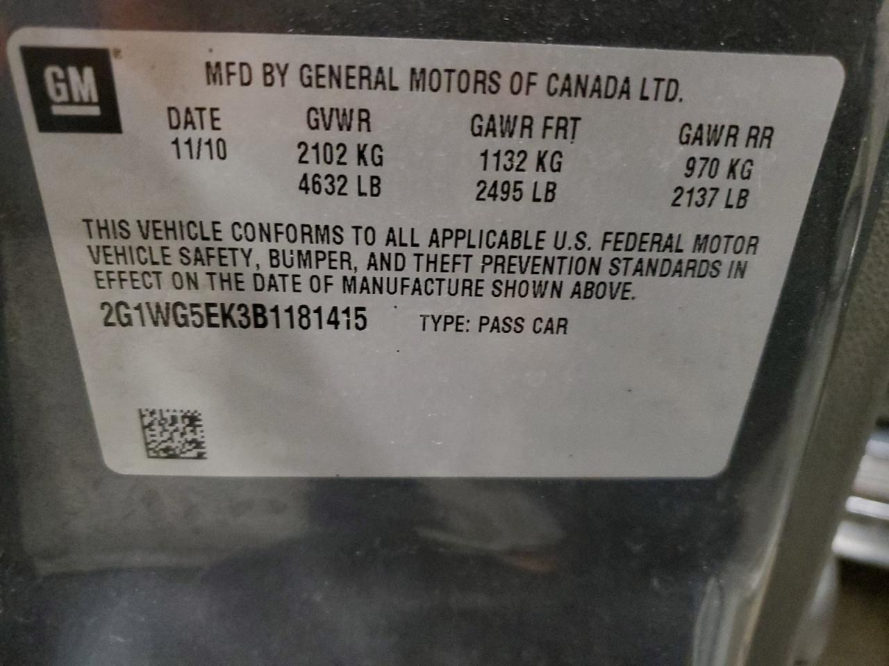 2011 Chevrolet Impala Lt VIN: 2G1WG5EK3B1181415 Lot: 49426014