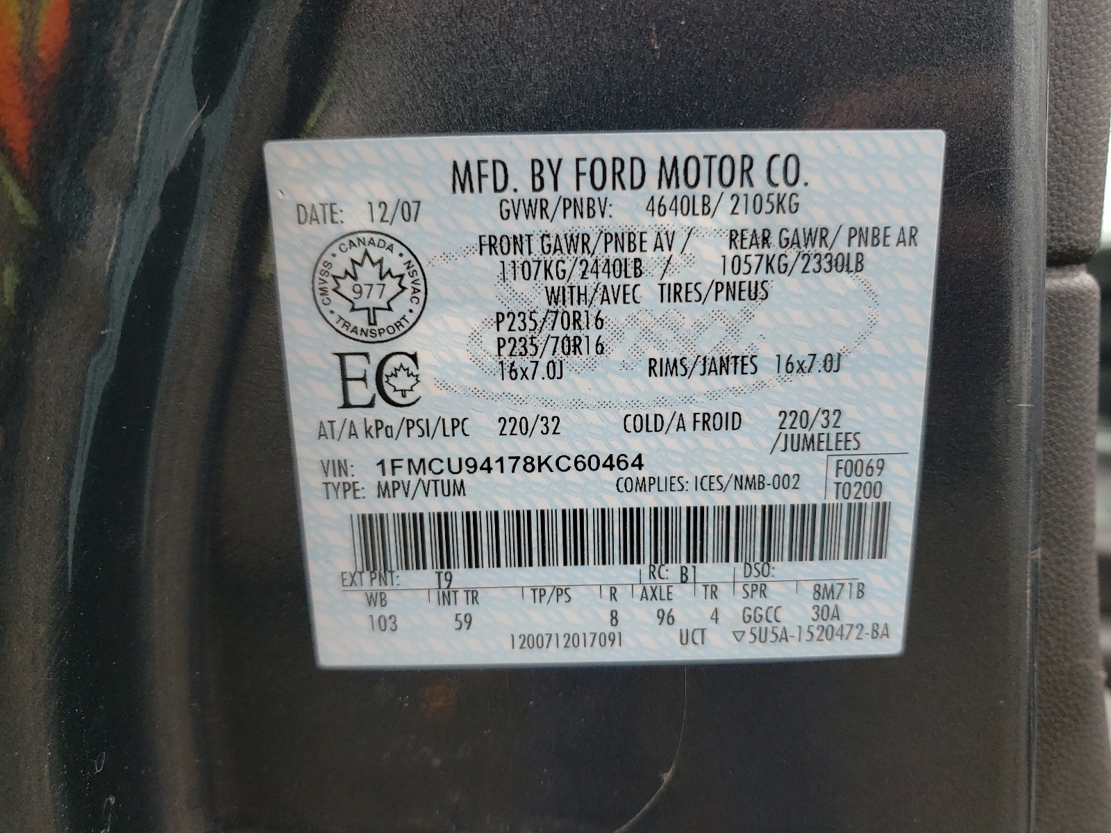 1FMCU94178KC60464 2008 Ford Escape Limited