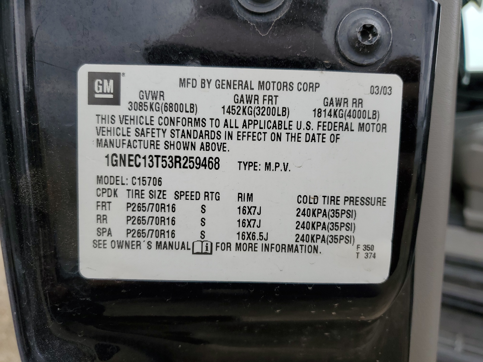 1GNEC13T53R259468 2003 Chevrolet Tahoe C1500