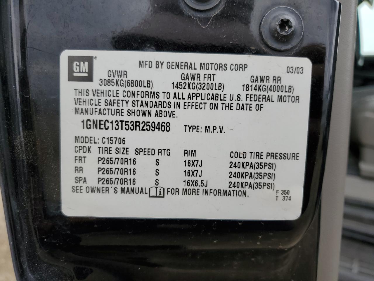 2003 Chevrolet Tahoe C1500 VIN: 1GNEC13T53R259468 Lot: 52733394