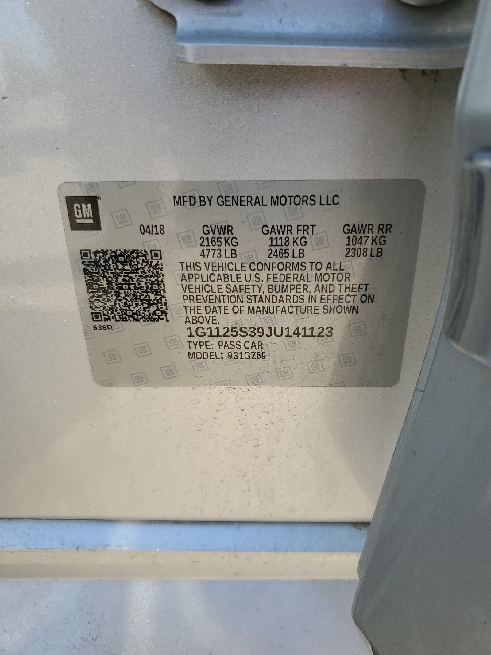 1G1125S39JU141123 2018 Chevrolet Impala Premier