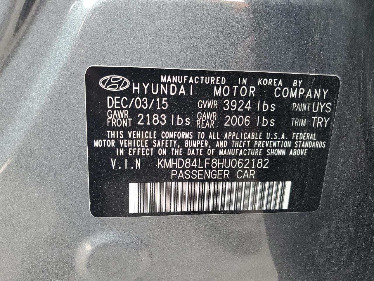 KMHD84LF8HU062182 2017 Hyundai Elantra Se